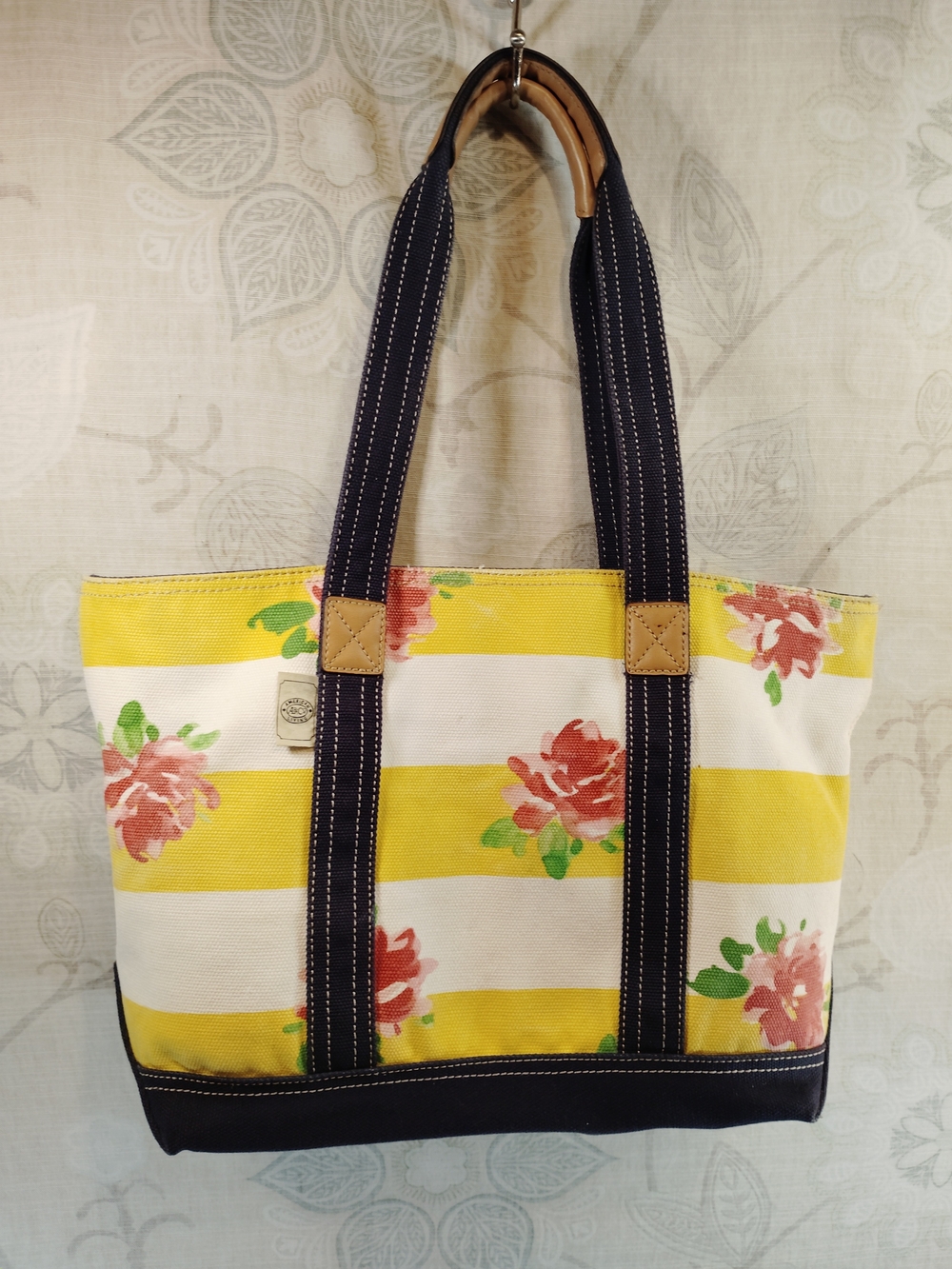 American Living Yellow White Striped Floral Canvas Shoulder Bag